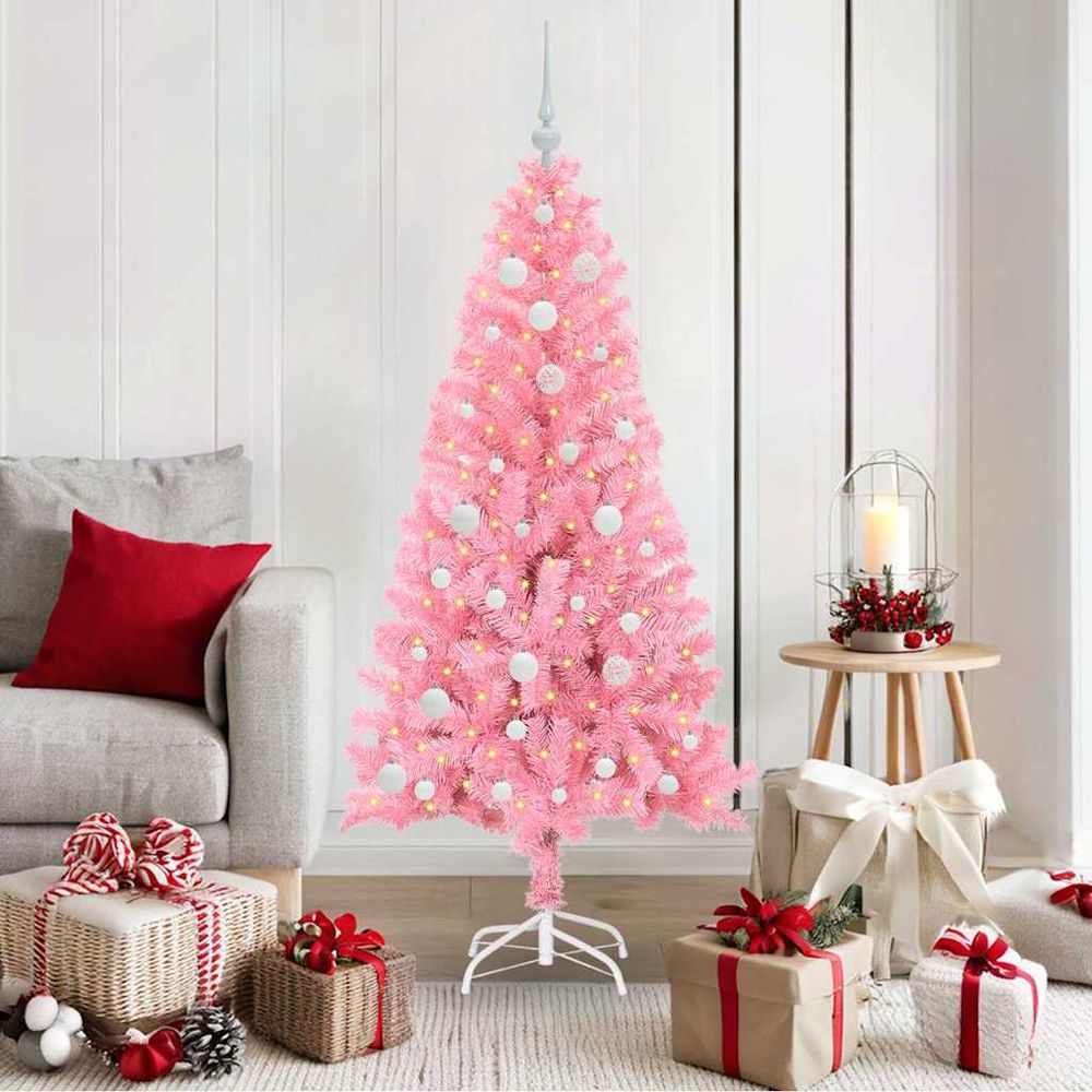 Sapin artificiel moderne rose 150 cm pré-illuminé, prêt à poser avec ses 61 boules