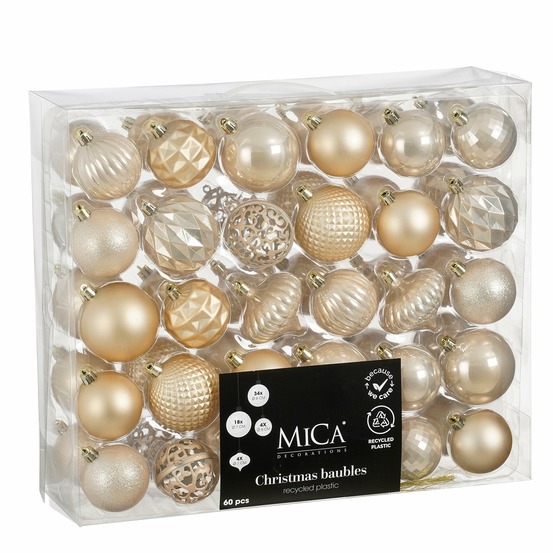 Mica decorations boule incassable creme 60 pieces - d7cm - incassable - crème