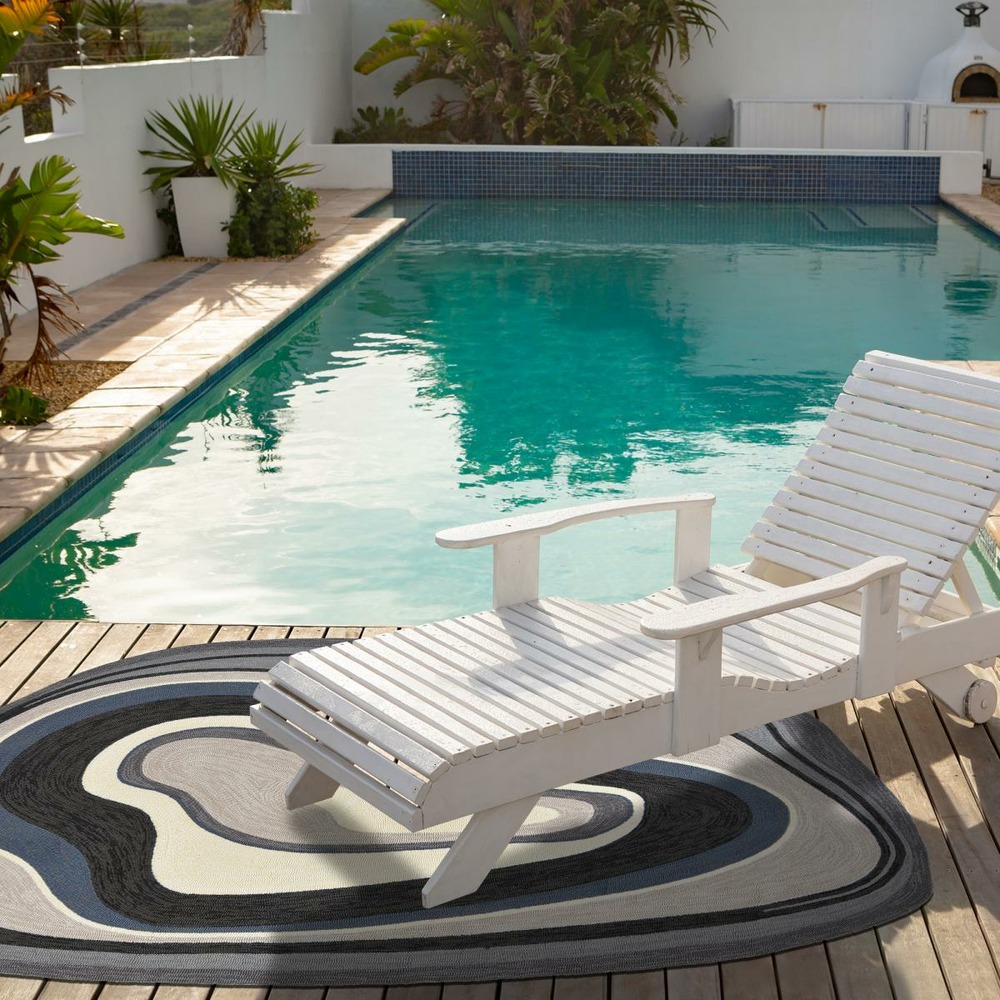 Tapis extérieur 160x230 tissé kilim noir et bleu aura