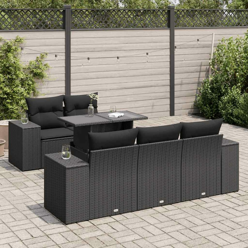 Salon de jardin 6 pcs avec coussins noir résine tressée