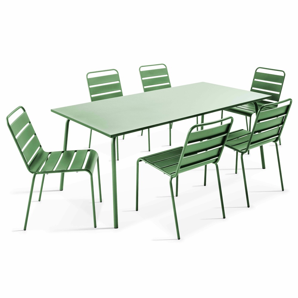 Ensemble table de jardin et 6 chaises en métal vert cactus