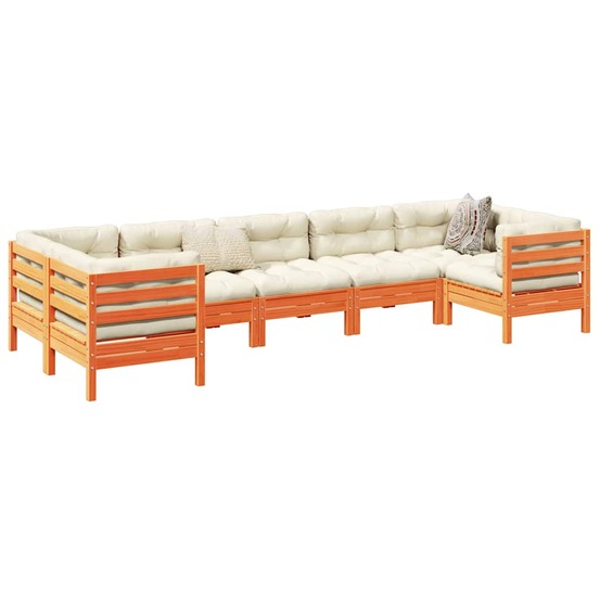 Salon de jardin 7 pcs avec coussins cire marron bois pin massif