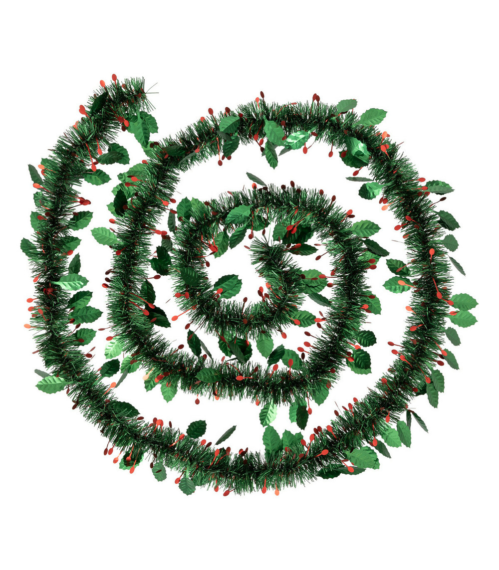 Guirlande de noël large 7.5 cm déco feuilles de houx longueur 2.7 mètres