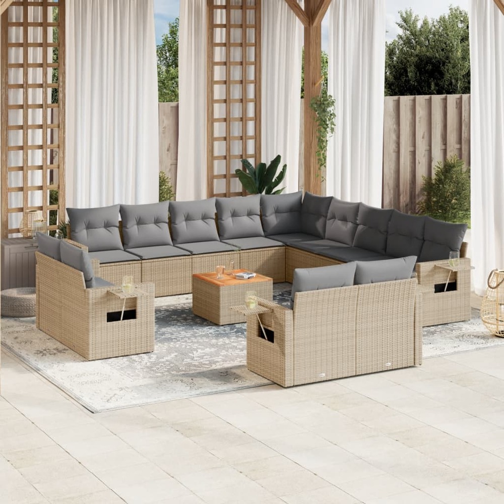 Salon de jardin avec coussins 14 pcs beige résine tressée