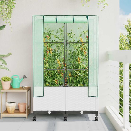Jardinière sur pied en polypropylène pour jardin avec serre et roulettes 80cm blanc
