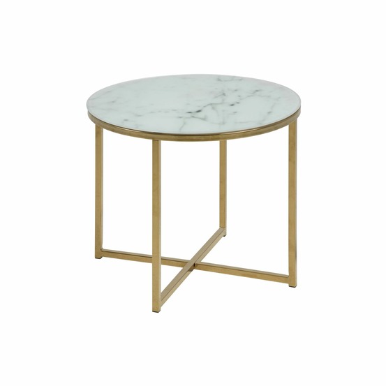 Table à café ronde effet marbre en verre et métal - diam. 50 cm x h. 42 cm - doré et blanc
