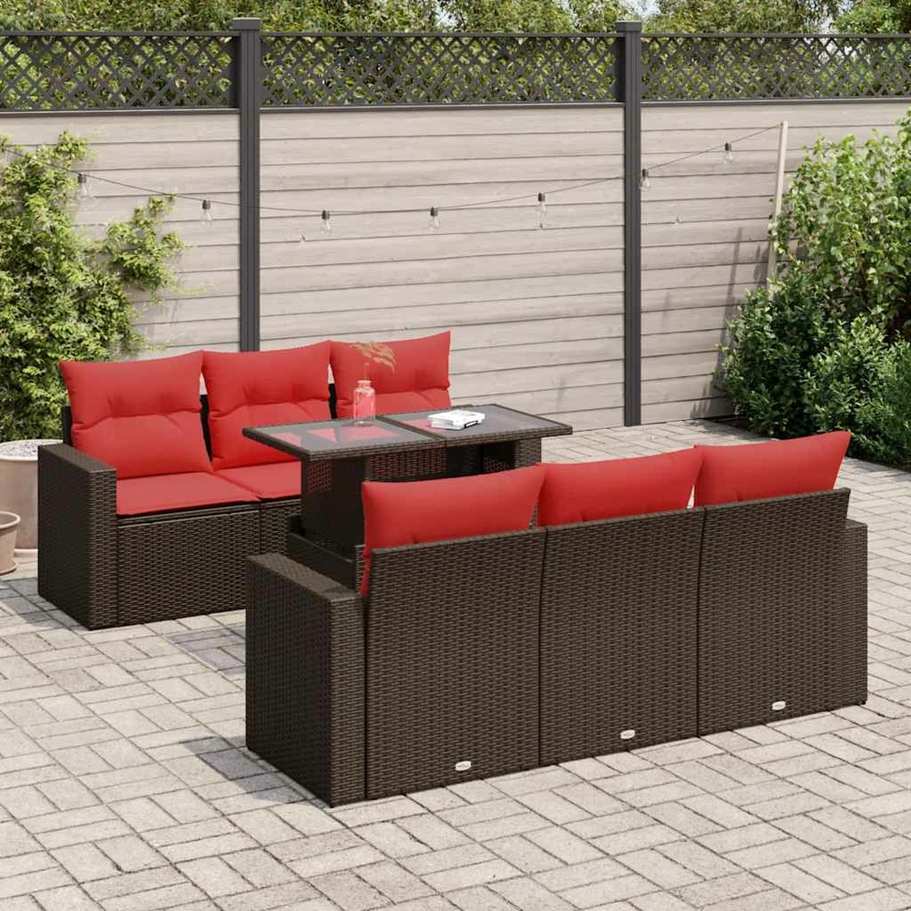 Salon de jardin avec coussins 7pcs marron résine tressée acacia