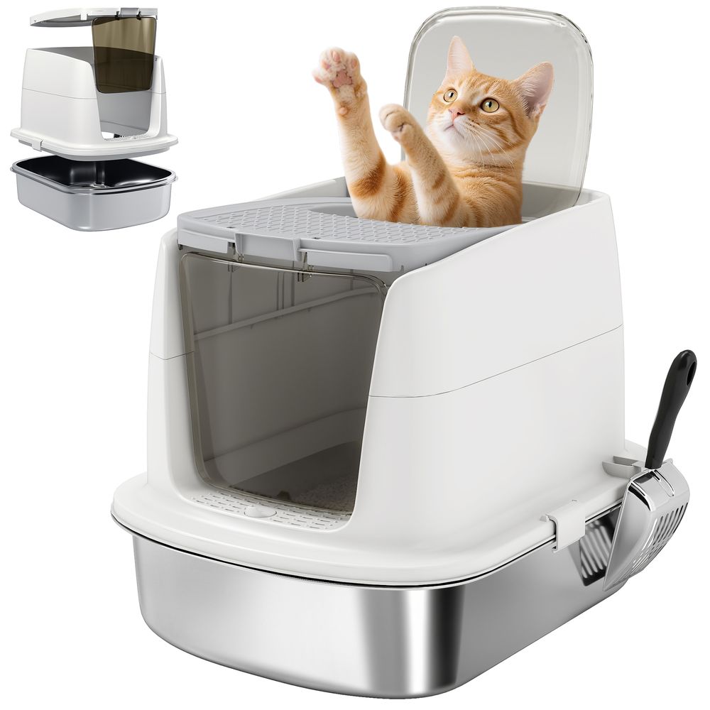 Maison de toilette acier inoxydable chats couvercle pliable 52x41x39cm blanc