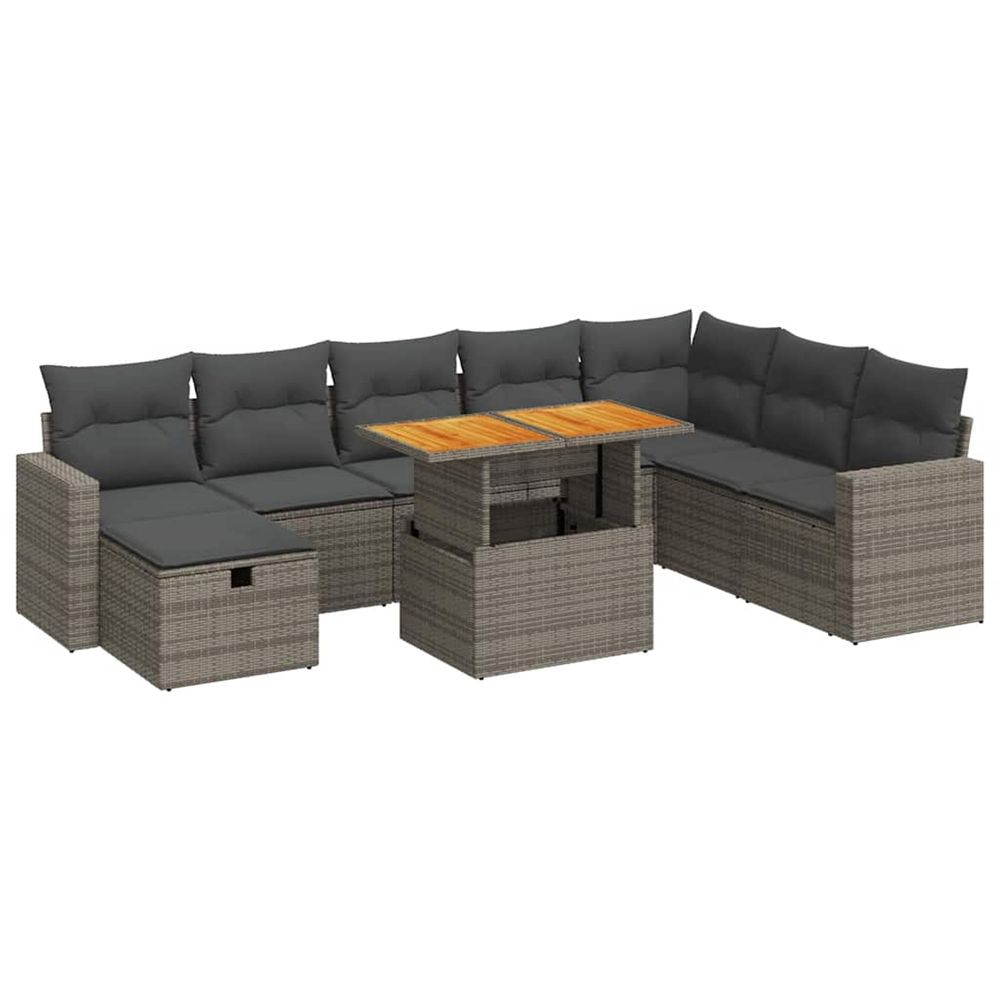 Salon de jardin avec coussins 9 pcs gris résine tressée acacia