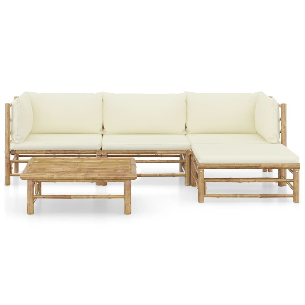 Salon de jardin 5 pcs avec coussins blanc crème bambou