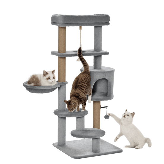 Arbre à chat 120 cm gris tour pour chats avec niche hamac et poteaux en jute