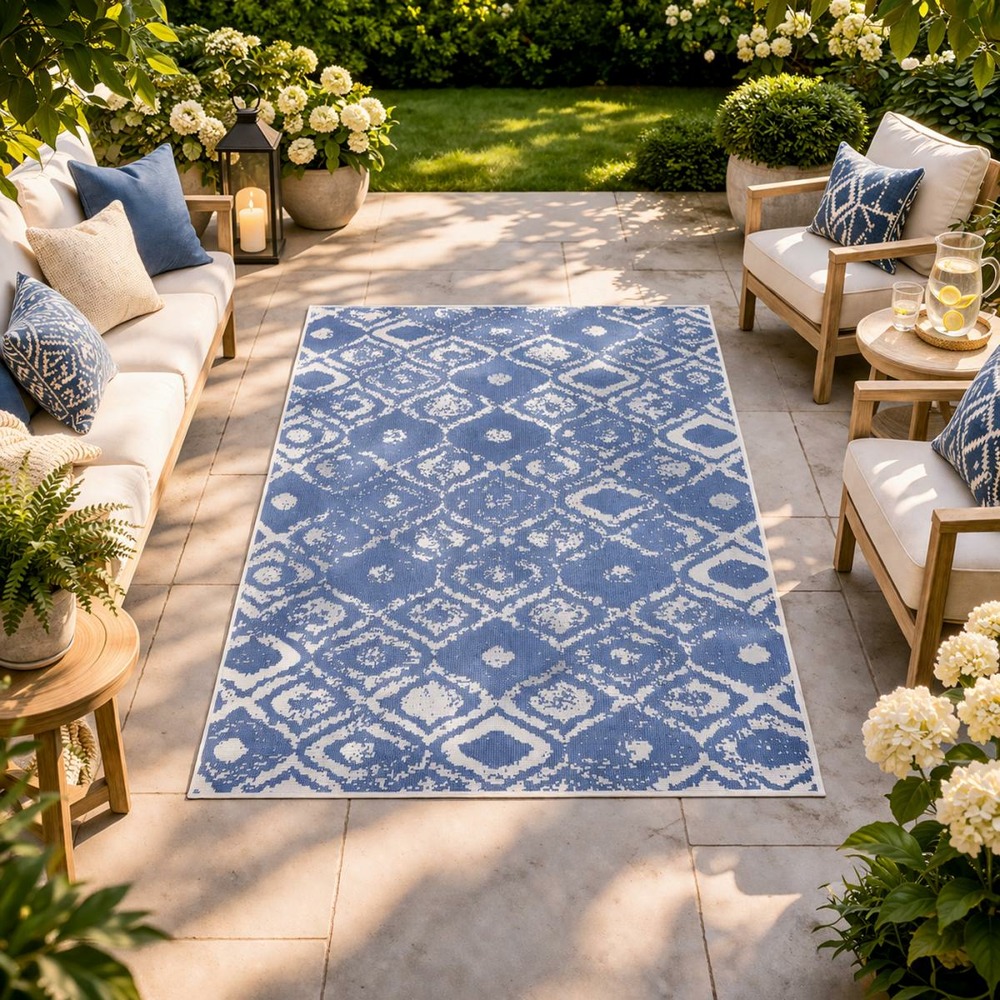 Tapis extérieur, kilim reversible 160x230 lyn2 bd reversible bleu et crème