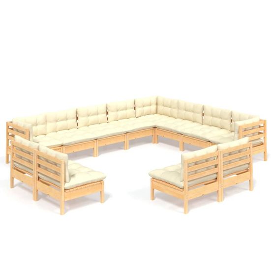 Salon de jardin 12 pcs avec coussins crème bois de pin massif