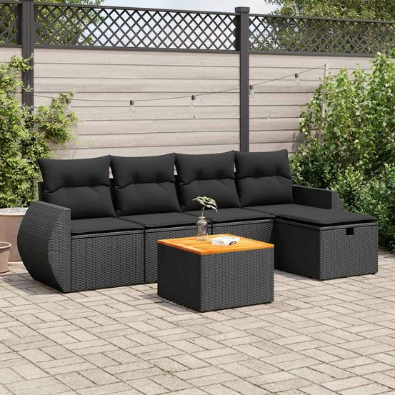 Salon de jardin 6 pcs avec coussins noir résine tressée