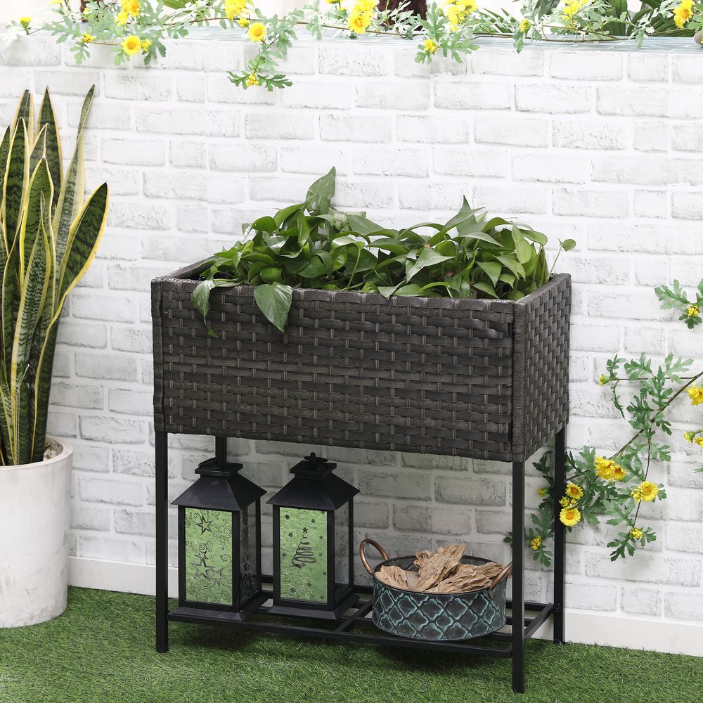 Jardinière sur pied potager résine tressée extérieur avec étagère 70x30x72cm marron