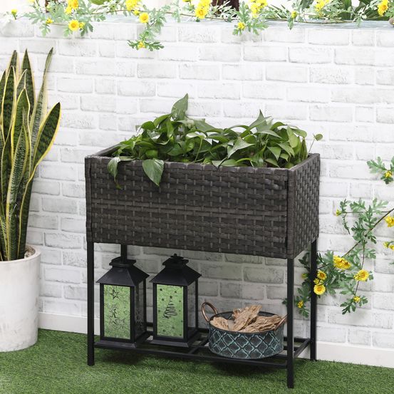 Jardinière sur pied potager résine tressée extérieur avec étagère 70x30x72cm marron