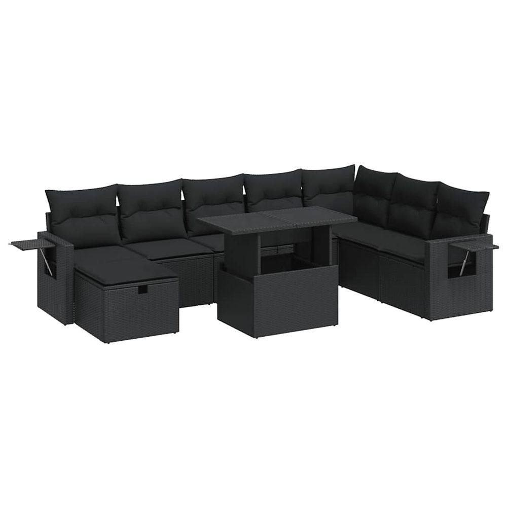 Salon de jardin 9 pcs avec coussins noir résine tressée