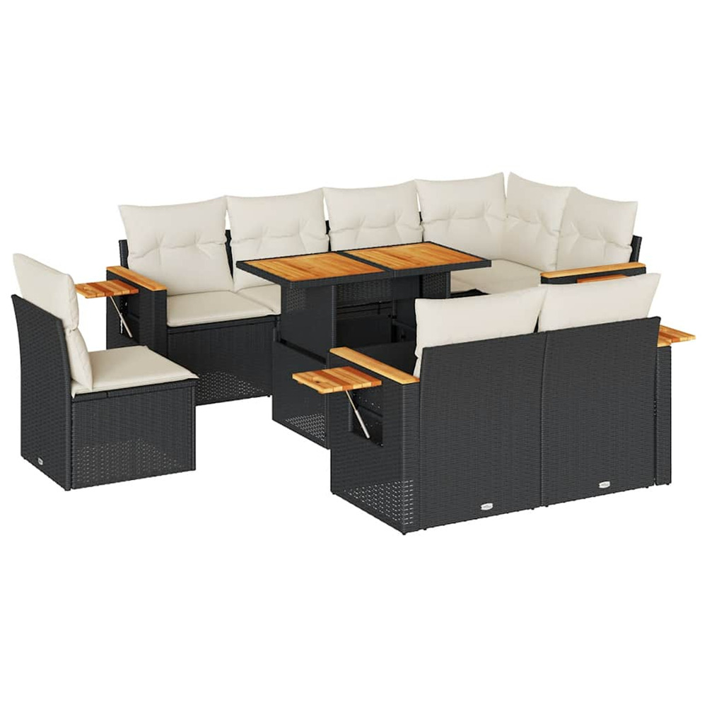 Salon de jardin avec coussins 9 pcs noir résine tressée acacia