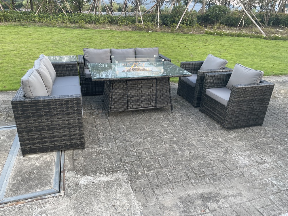 Extérieur en rotin meubles de jardin foyer à gaz table set chauffage à gaz chaise longue café thé paillettes gris foncé