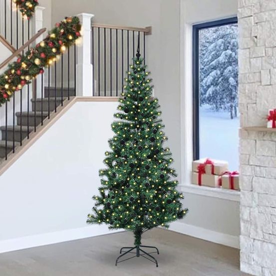 Grand sapin de noël artificiel 240 cm, kit complet avec 300 led et 120 boules argent
