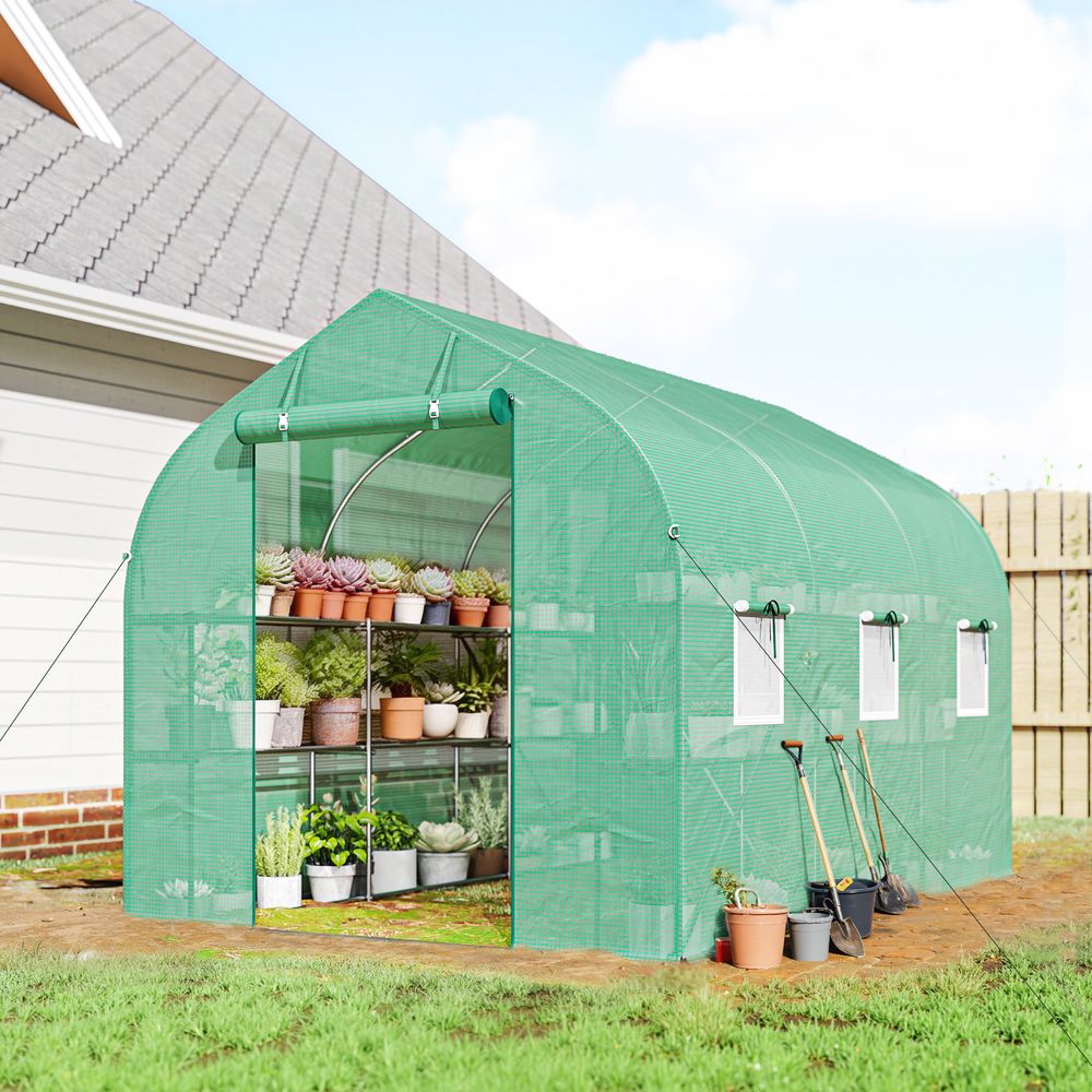 Serre tunnel jardin 6 m² acier galvanisé 198 x 293 x 194 cm verte avec étagères 6 fenêtres - comfortxl outdoor living