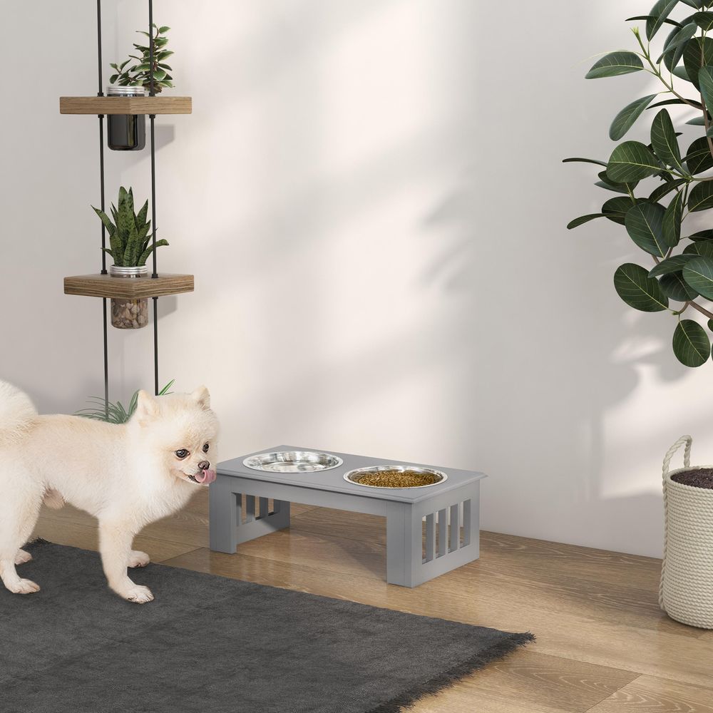 Station repas surélevée pour chien mdf et inox 44 x 24 x 15 cm grise 2 gamelles 0,9 l faciles à nettoyer