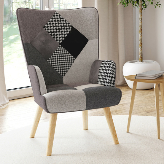 Fauteuil scandinave ivar en tissu patchwork noir, gris et blanc