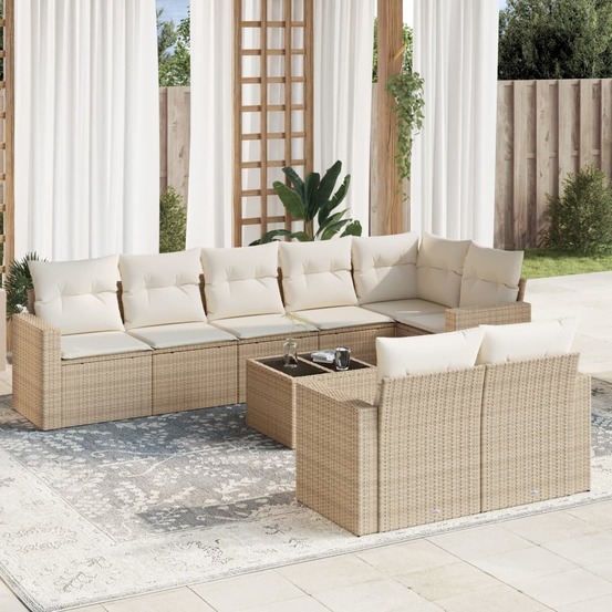 Salon de jardin avec coussins 9 pcs beige résine tressée