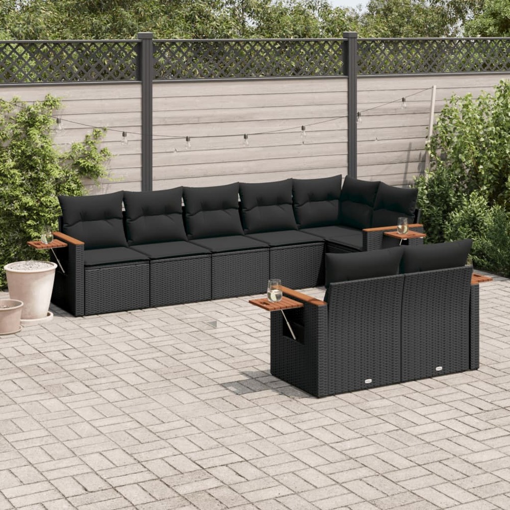 Salon de jardin 8 pcs avec coussins noir résine tressée