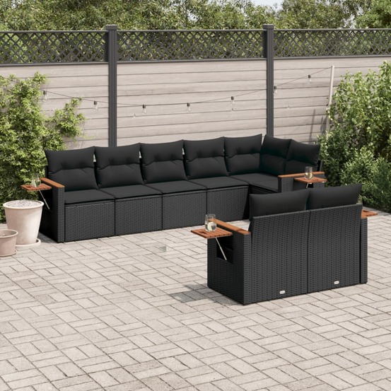 Salon de jardin 8 pcs avec coussins noir résine tressée