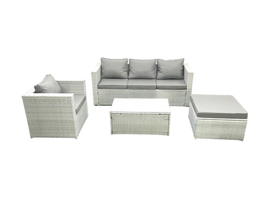 Salon de jardin avec canapé 3 places chaise table basse rectangulaire grand tabouret gris clair mixte 5 places