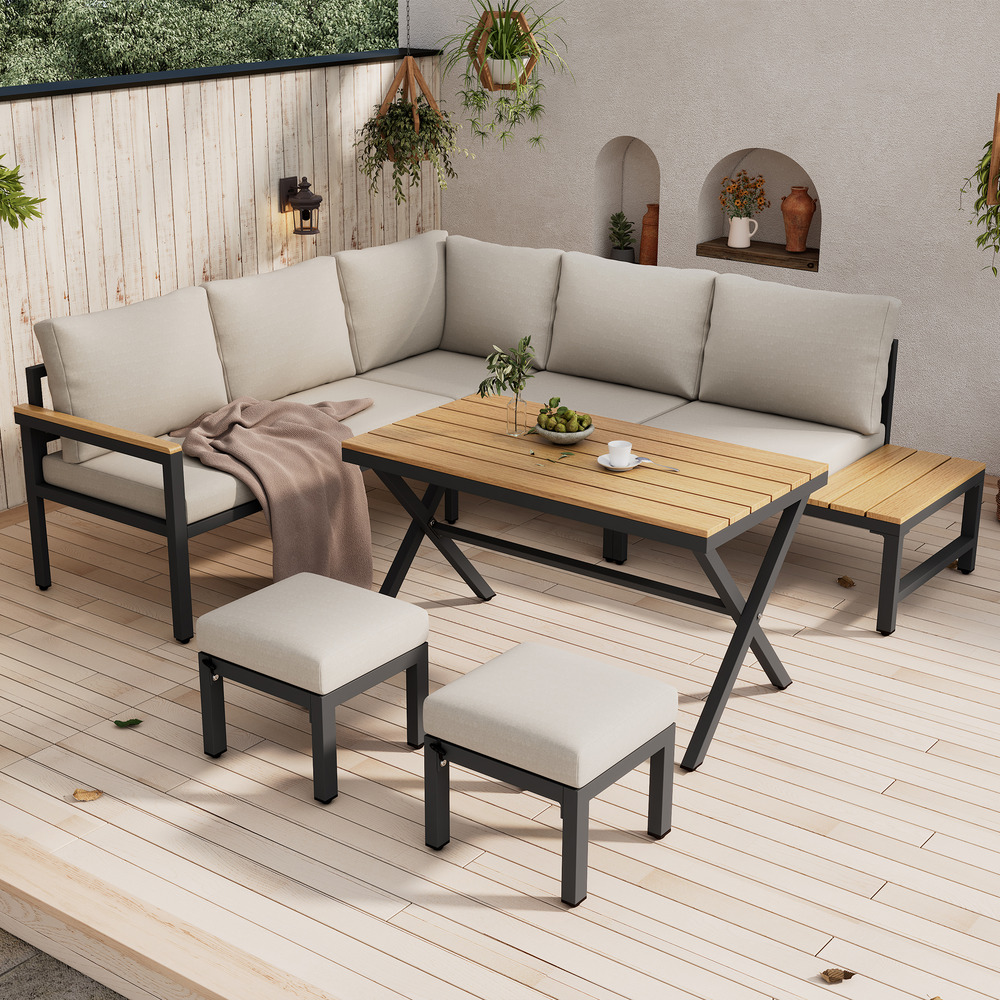 Ensemble jardin: canapé angle +2 tabourets + table à manger + plateau bois composite, acier galvanisé gris