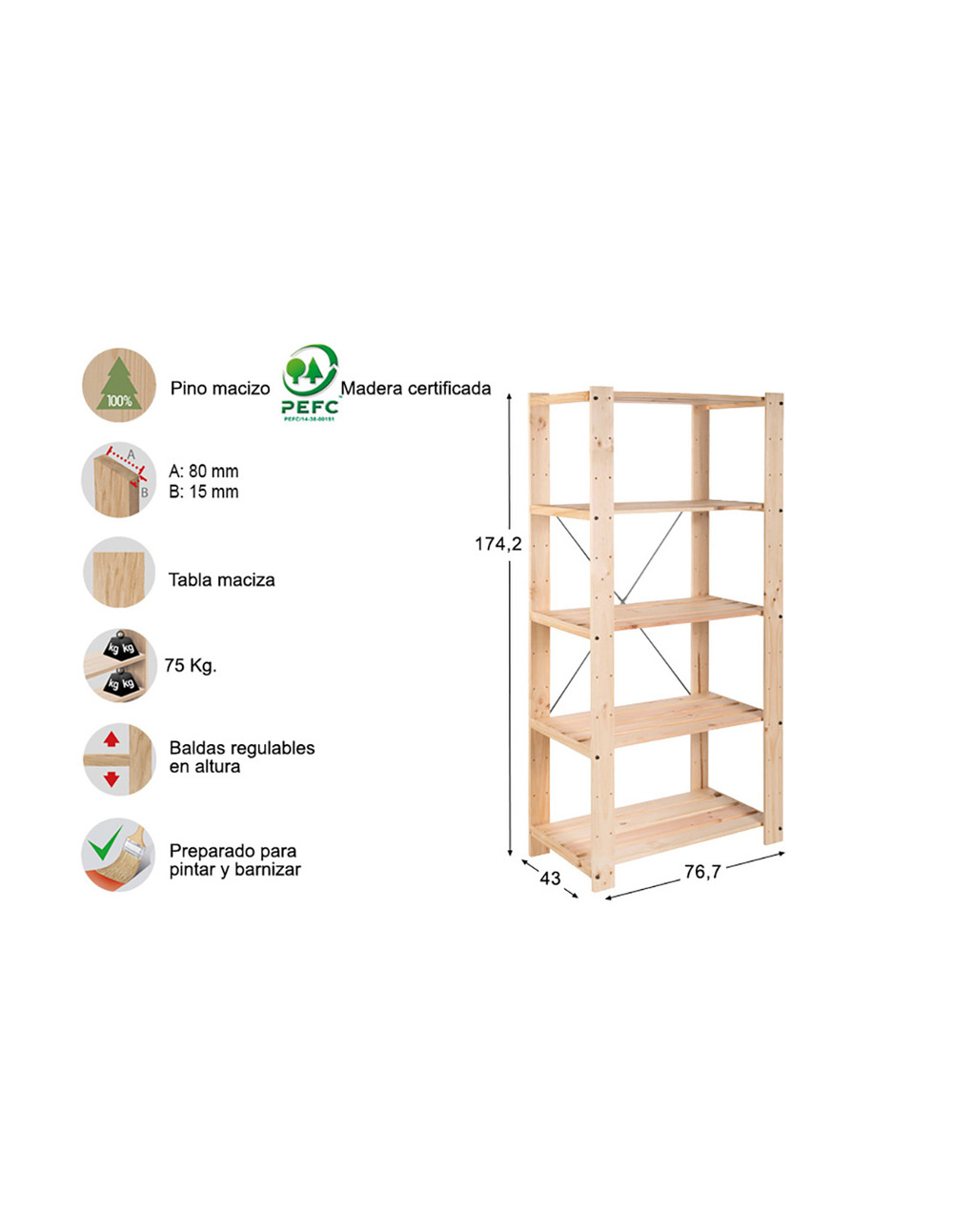 Étagère doublée evolution 5 175x76,7x43cm pin plein astigarraga