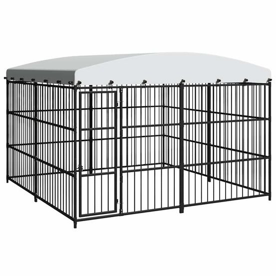 Chenil extérieur 3x3m avec toit pour chien en acier protection intempéries noir
