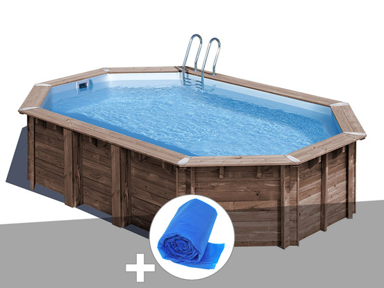 Kit piscine bois macadamia 6,32 x 3,35 x 1,30 m + bâche à bulles