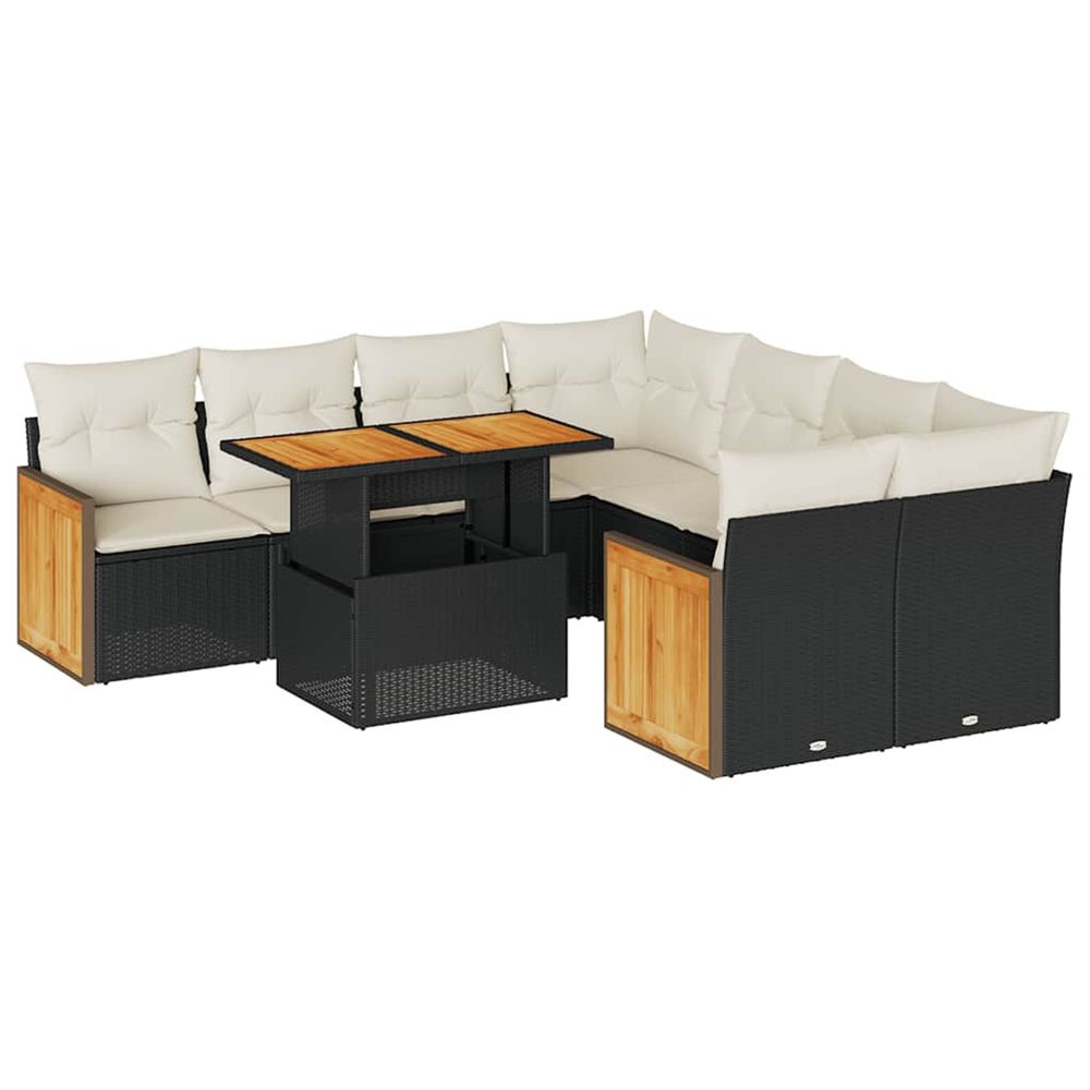 Salon de jardin avec coussins 9 pcs noir résine tressée acacia