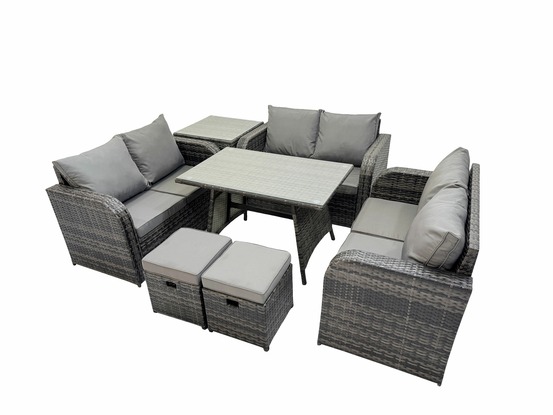 Salon de jardin 8 places avec canapé d'amour table à manger rectangulaire table d'appoint 2 petits tabourets gris foncé mixte