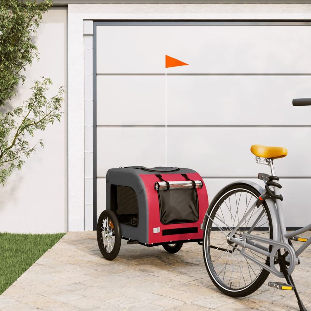 Chariot vélo pour grand chien en fer et oxford pour balade sécurisée rouge et gris