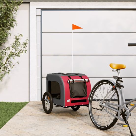 Chariot vélo pour grand chien en fer et oxford pour balade sécurisée rouge et gris