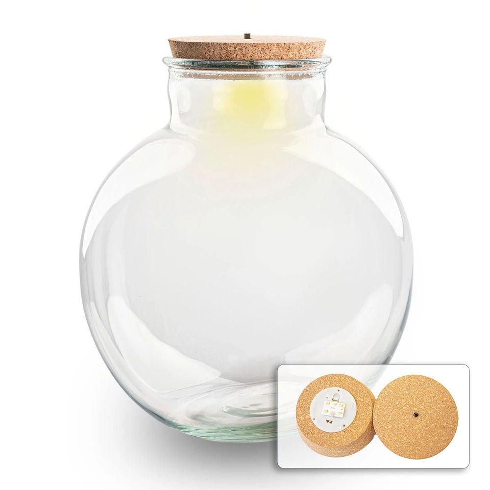 Grande bouteille terrarium en verre recyclé 11 l, ø 30 cm, bouchon liège ou bouchon led - terrarium diy - bouchon liège led