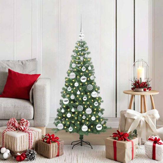 Kit sapin de noël lumineux 120 cm design conique, 150 led et décorations incluses