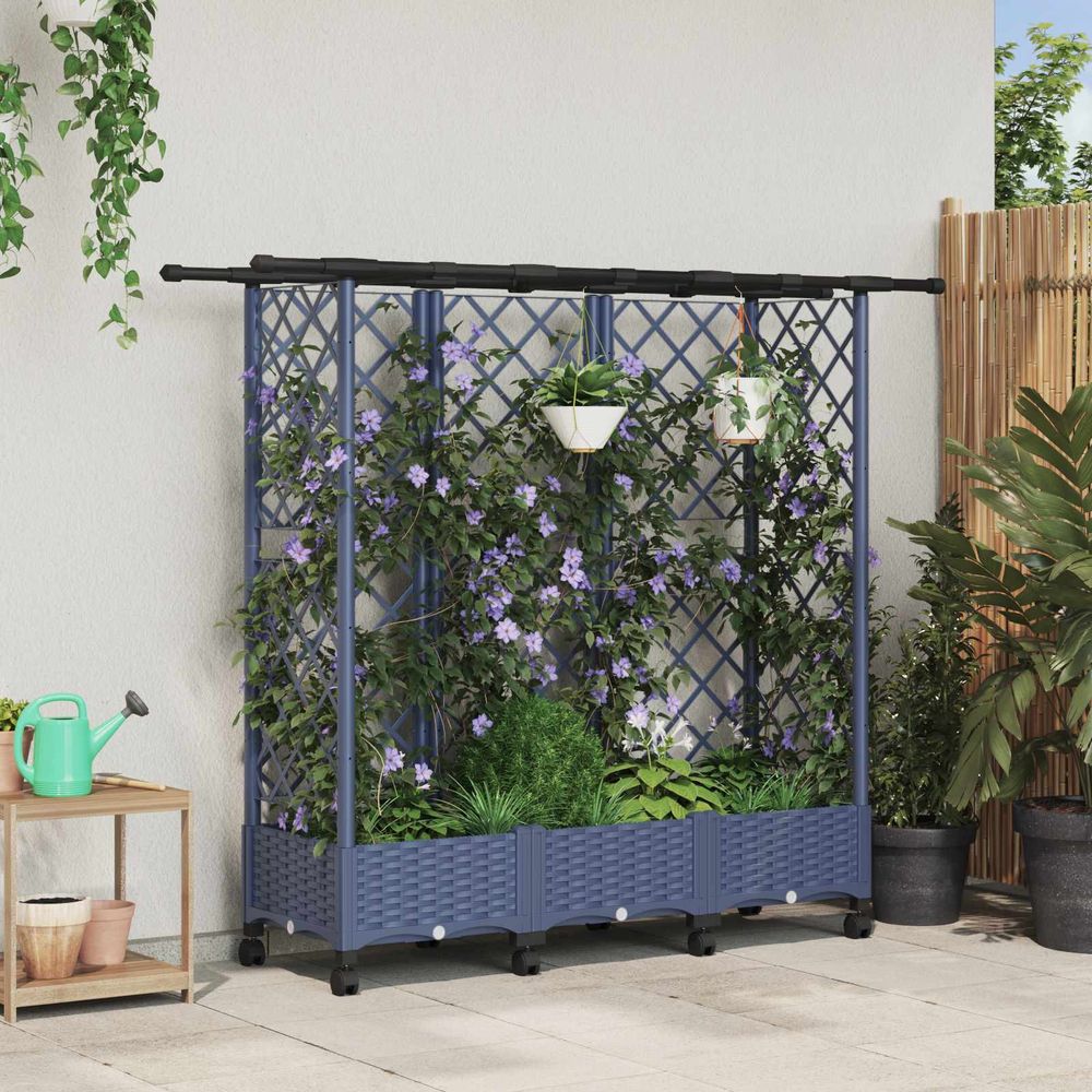Lit surélevé avec toit polypropylène patio jardin treillis grimpantes roues 164x40cm gris