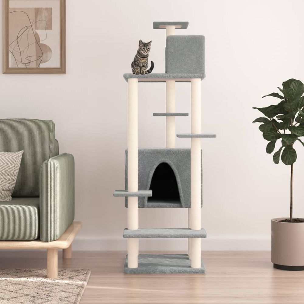 Grand arbre à chat 154 cm avec 2 niches et griffoirs gris clair