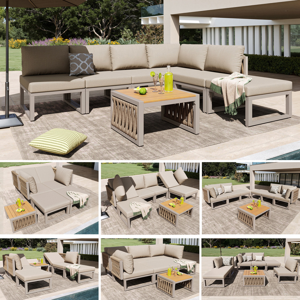 Chaises longues jardin 6 pers: méridienne double, dossier réglable, coussins incl, extérieur beige