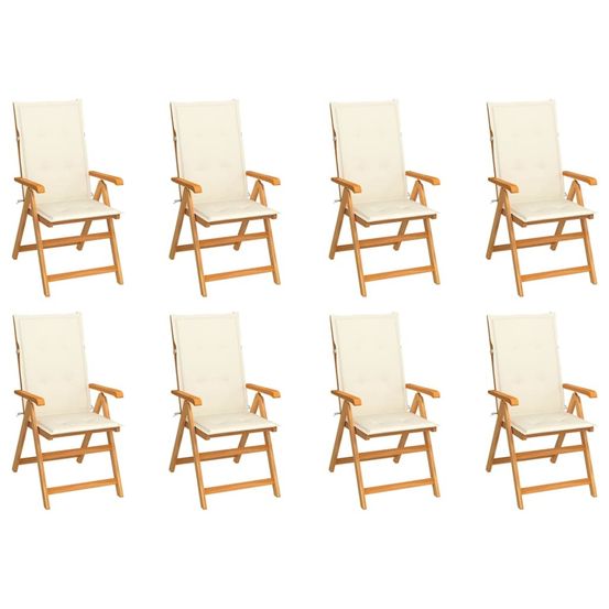 Fauteuils pliants inclinables avec coussins, 8 pièces, en teck massif