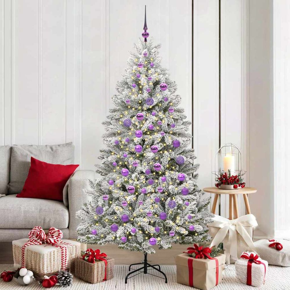 Sapin de noël artificiel floqué 180 cm lumineux avec led et boules argent