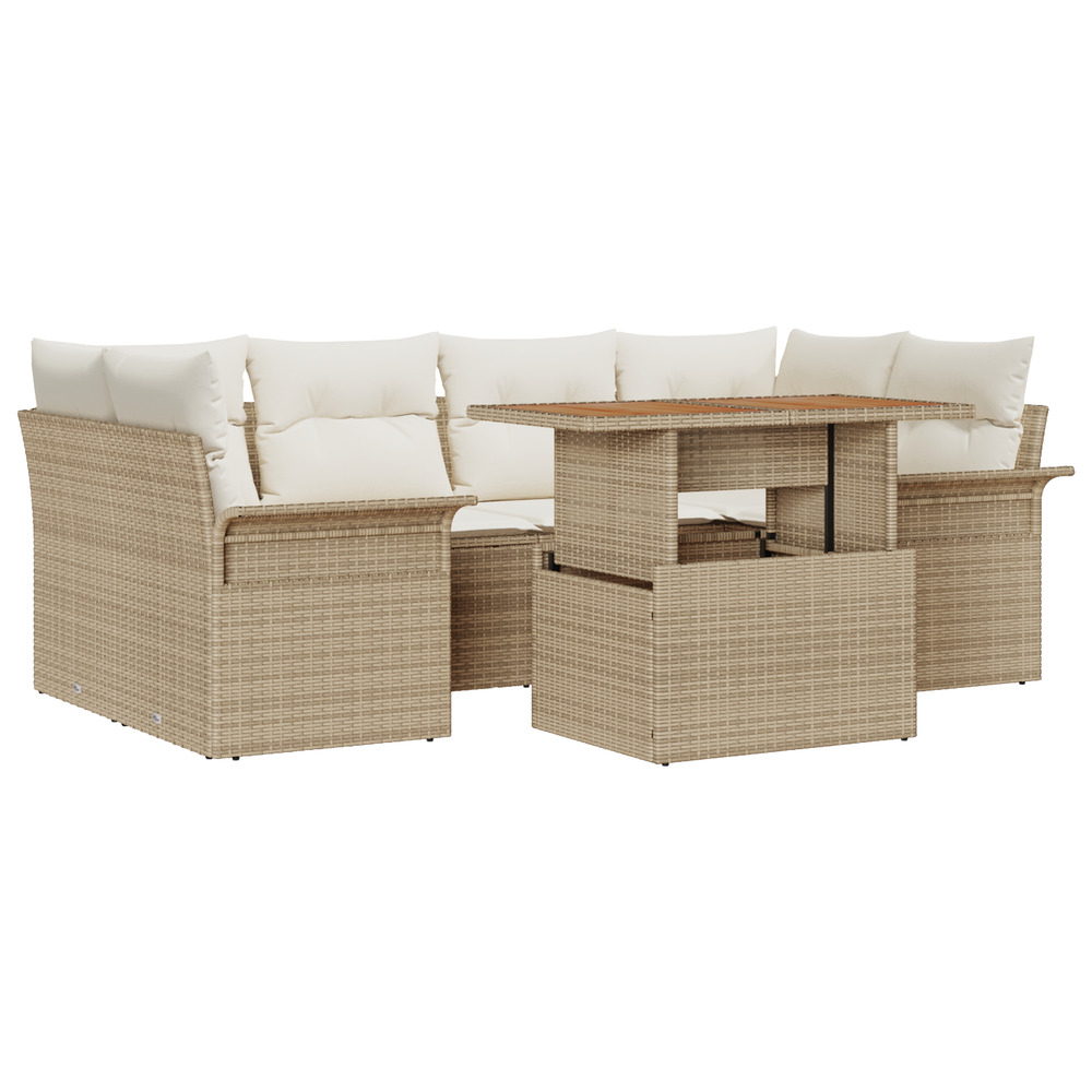 Ensemble de canapé de jardin 7 pièces avec coussins beige poly rotin acacia
