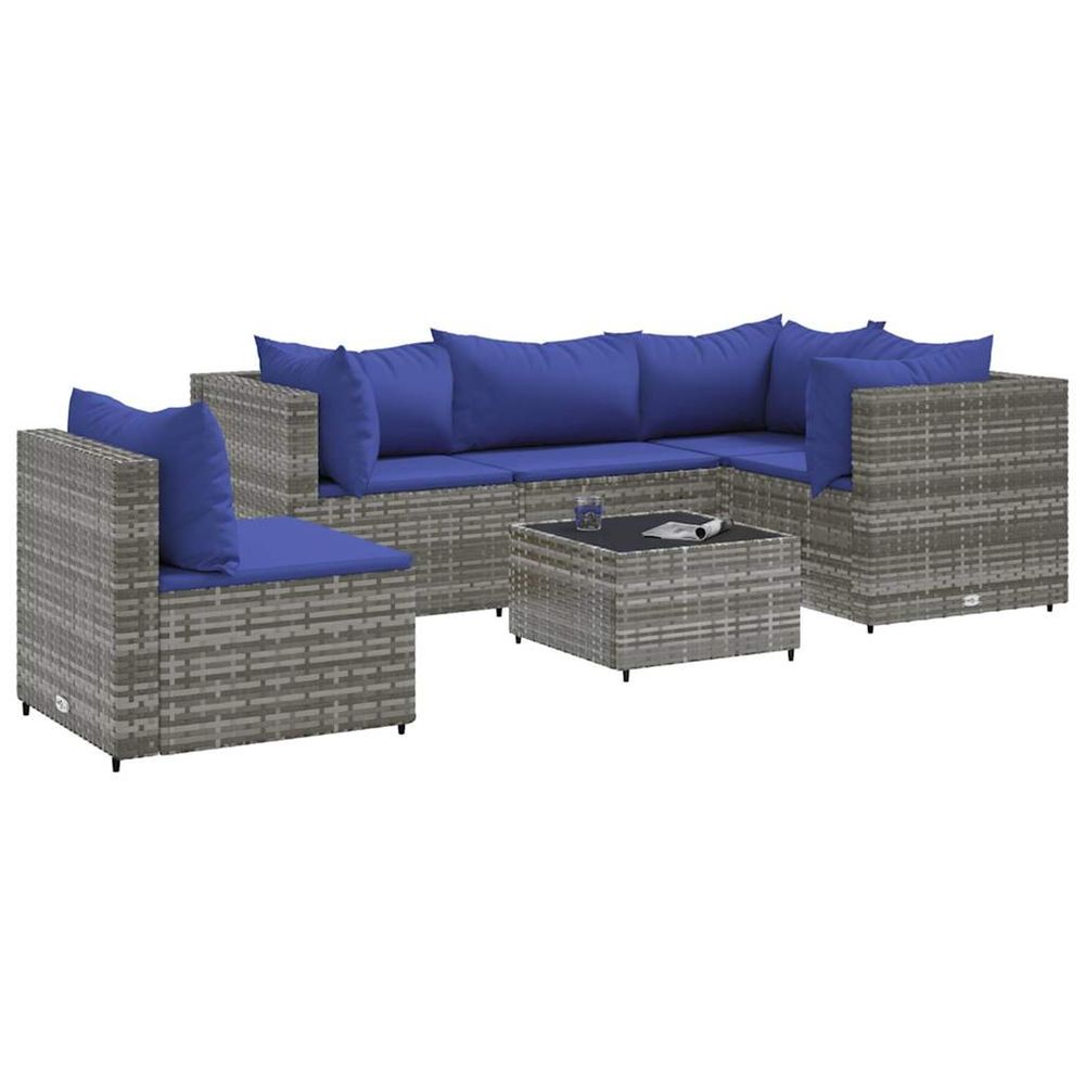 Salon de jardin 6 pcs avec coussins gris résine tressée