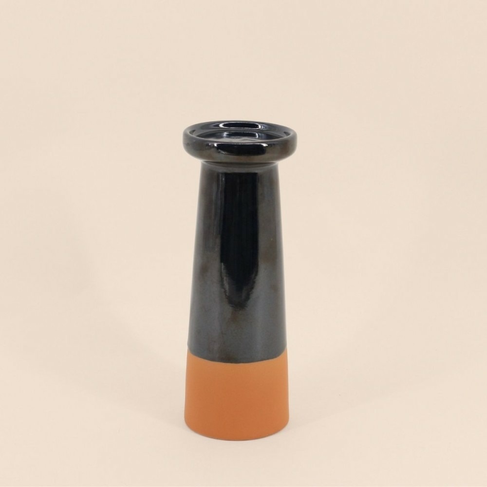 Bougeoir conique en grès noir et terracotta 25,7cm
