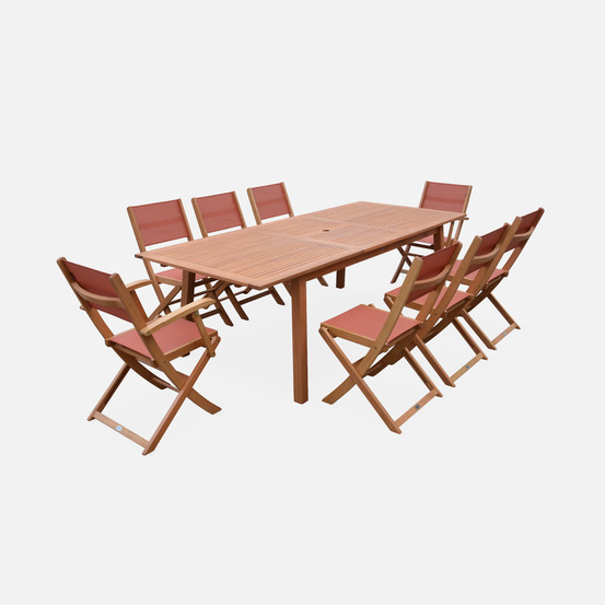 Salon de jardin en bois almeria, grande table 180-240cm rectangulaire 2 fauteuils 6 chaises eucalyptus et textilène